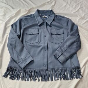 New Denim & Co. Canyon Retreat Denim Blue Faux Suede Fringe Long Sleeve Jacket